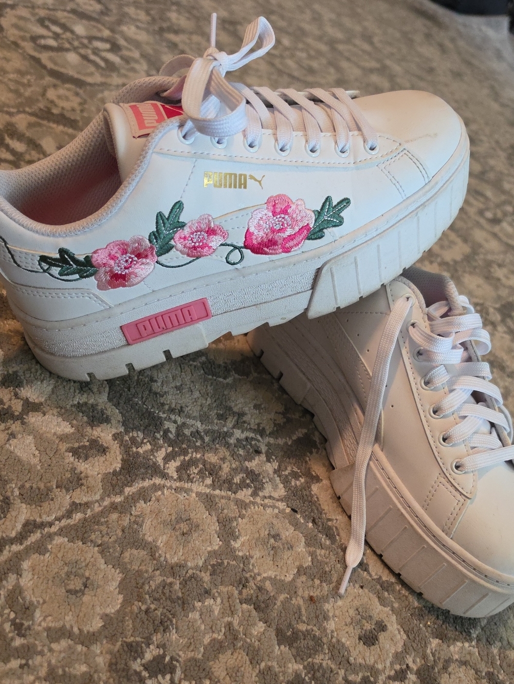 Puma White Platform Sneakers with Pink Floral Embroidery